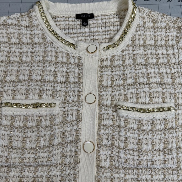 Talbots Ivory Metallic Jacquard Chain Trim Knit Short Sleeve Cardigan, Large - Picture 5 of 9